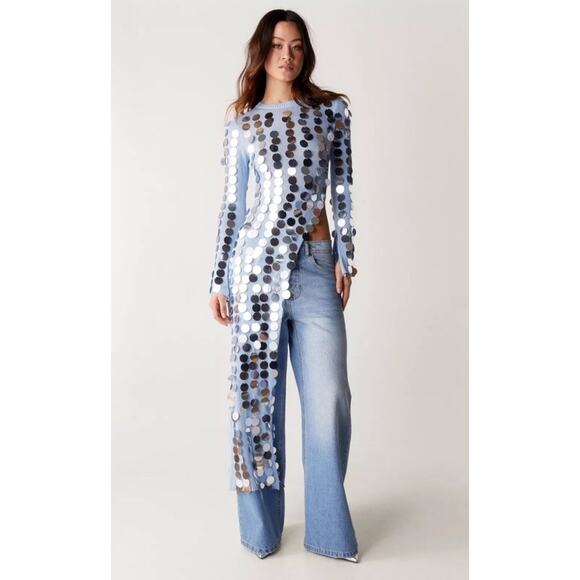 Nastygal Disc Sequin Split Sheer Knit Maxi Top Light Blue US Size Large NWT - Picture 1 of 6
